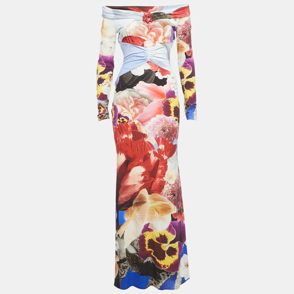 Roberto Cavalli Multicolor Floral Printed Jersey Off Shoulder Dress M